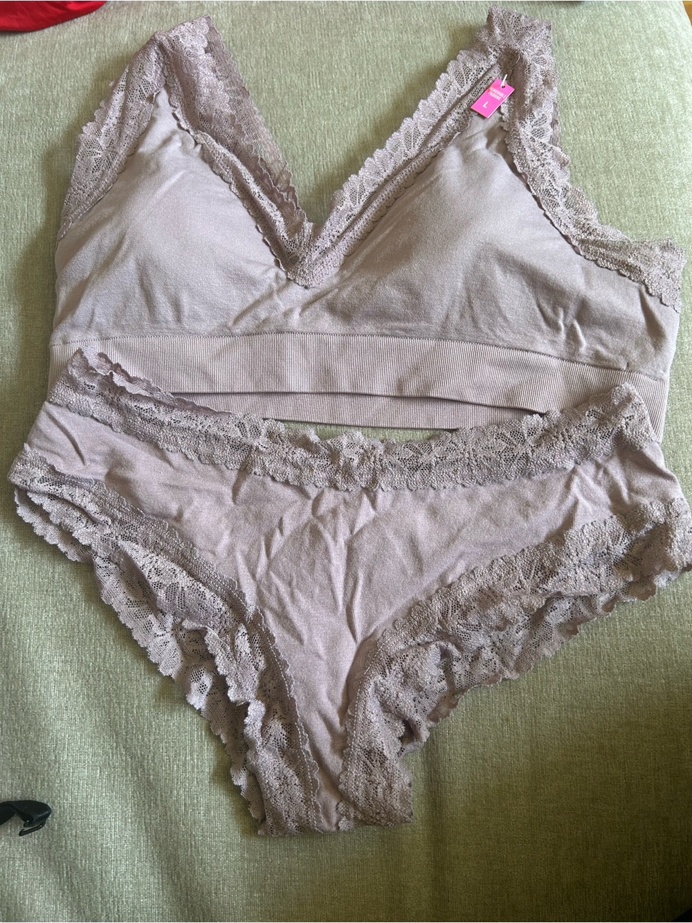 NWT PINK Victoria's Secret Lace-Trim Bralette & Brief Set - Mauve Pink